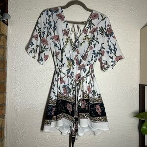 Trixxi White Floral Romper with Pink & Navy Accents